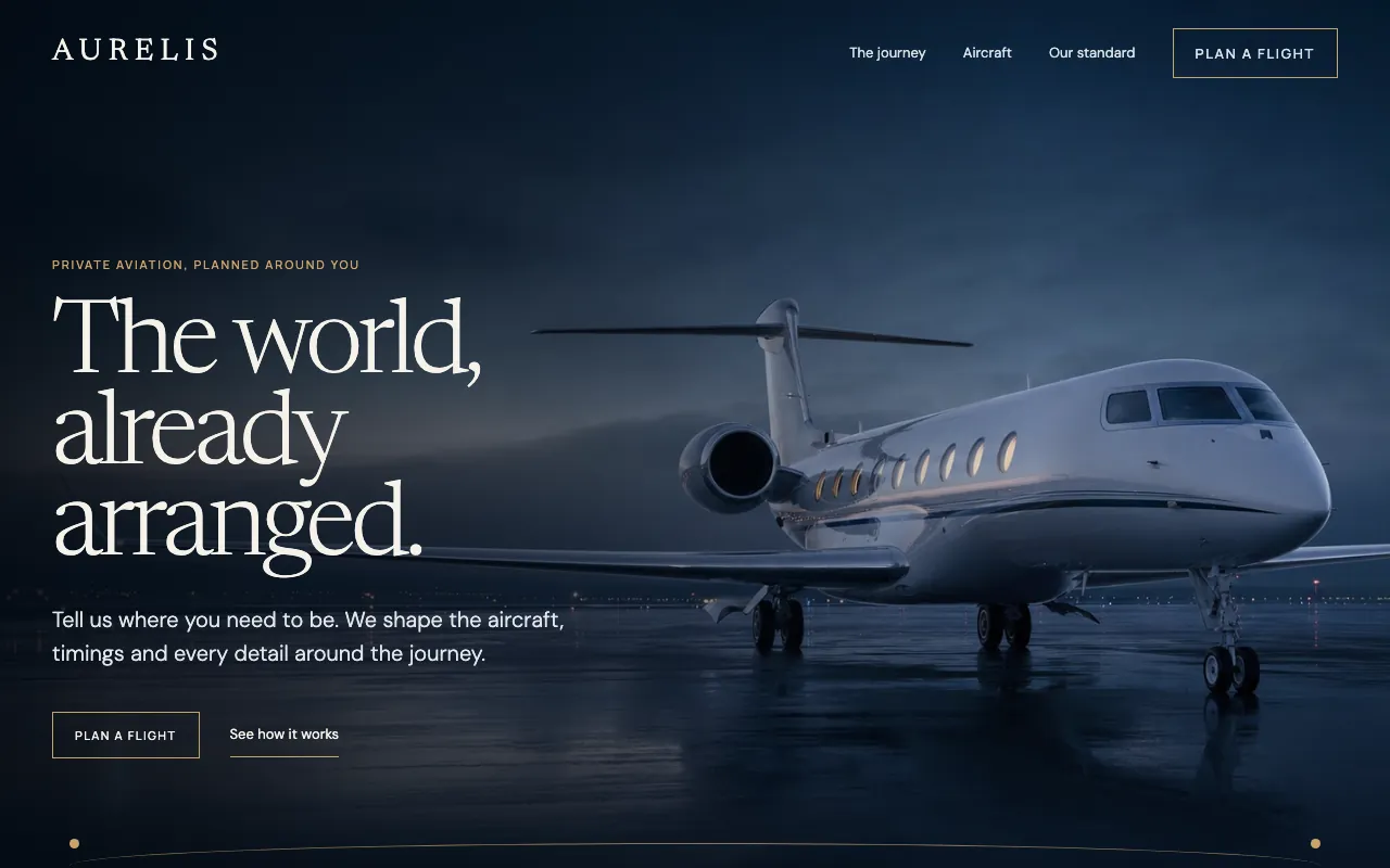 The Aurelis Aviation homepage concept, a private jet charter operator