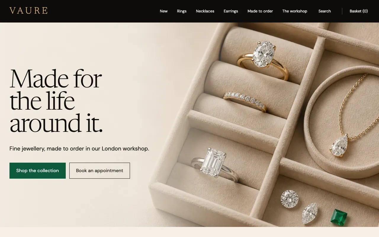 The Vaure homepage concept, a fine jewellery house selling online