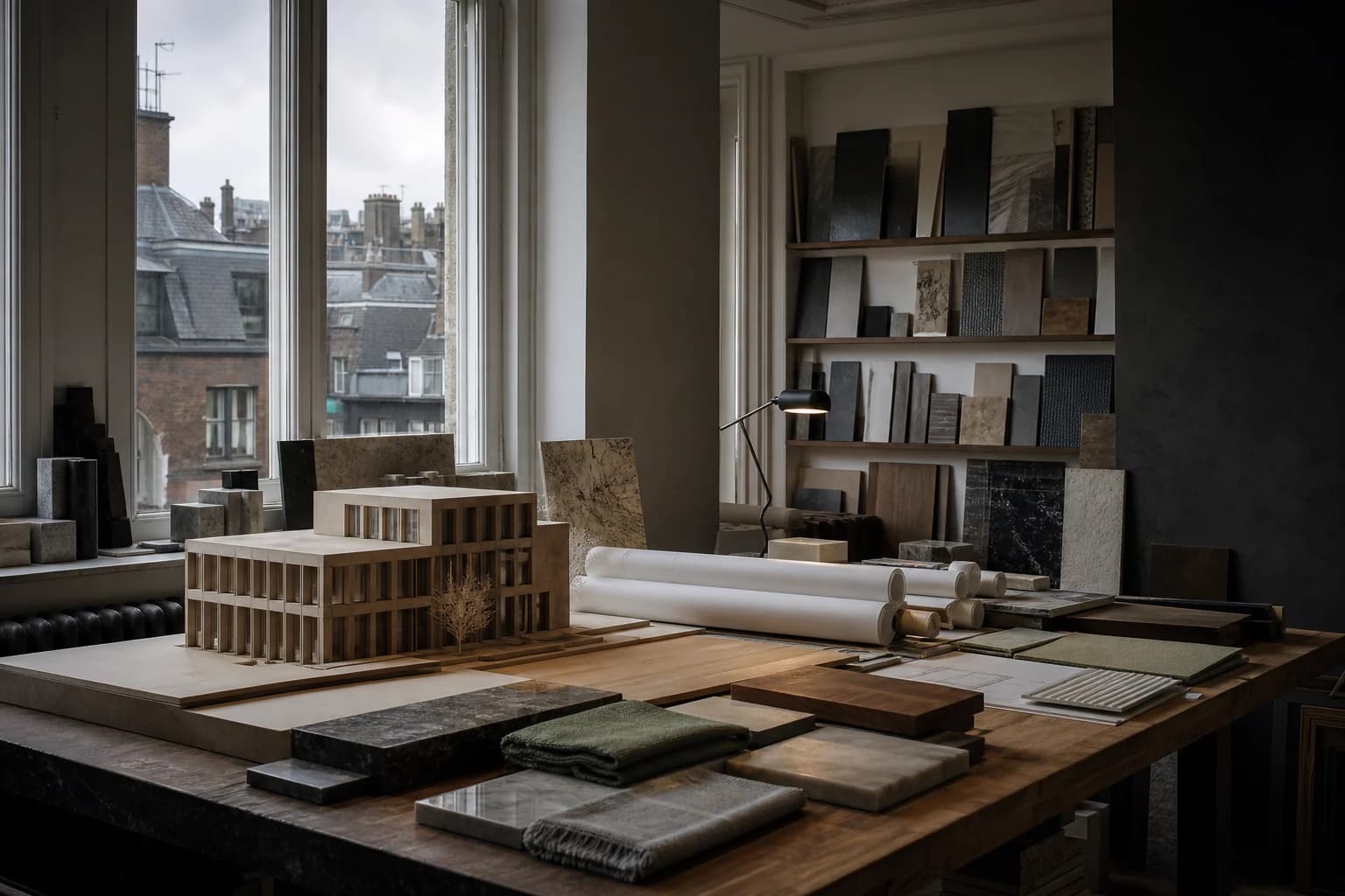 An architecture studio material library with a physical model, stone, timber and textile samples