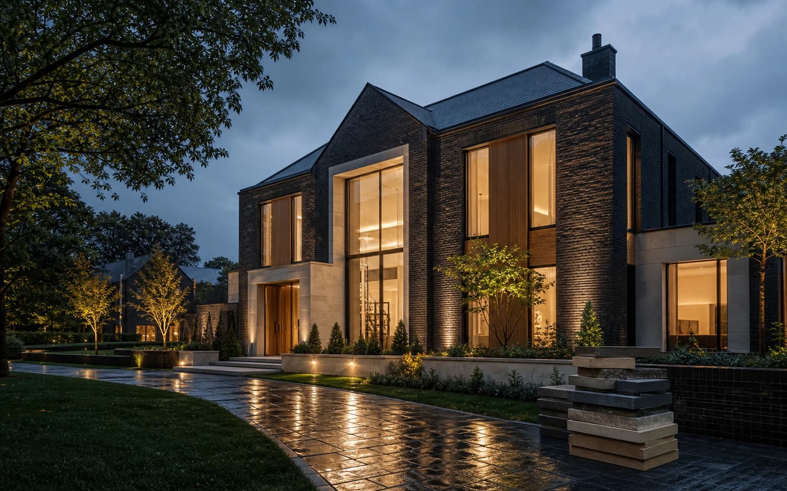 A substantial contemporary British home built in dark brick and pale stone at blue hour