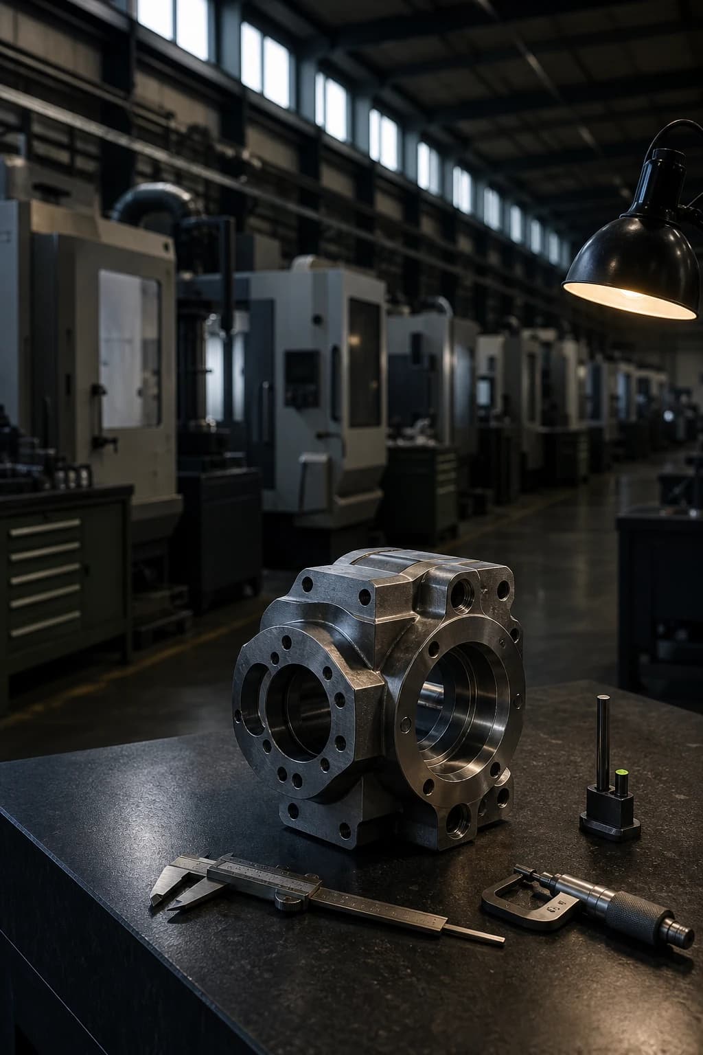 A precisely machined metal component in an advanced engineering workshop