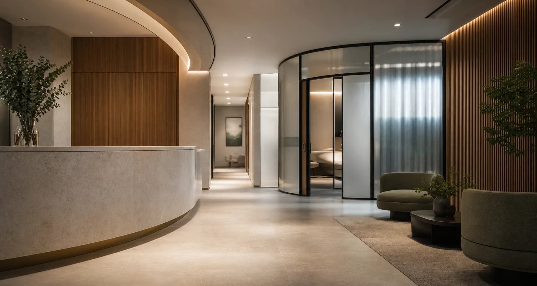 A calm private diagnostic clinic with pale stone, timber, frosted glass and muted green seating
