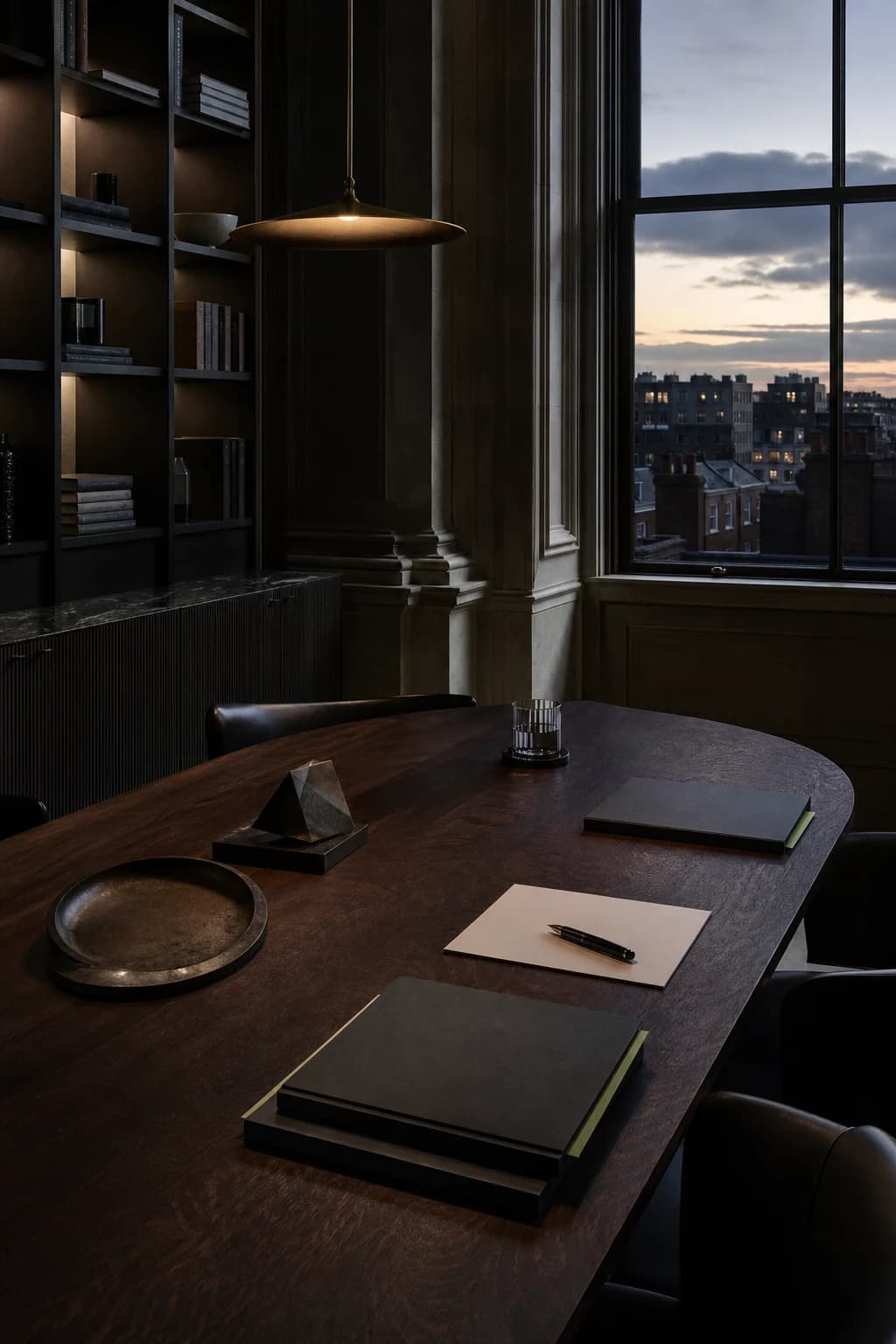 A discreet contemporary advisory room in London with a dark timber table and blank reports