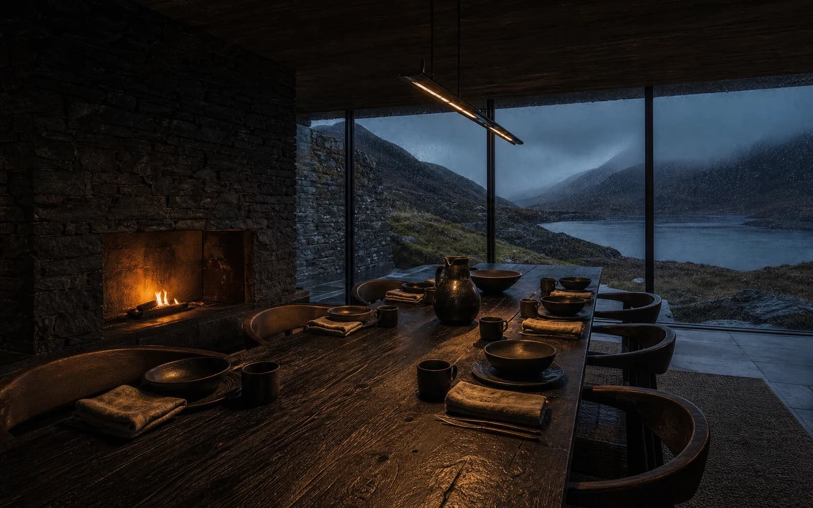 A firelit dining room overlooking a Highland loch