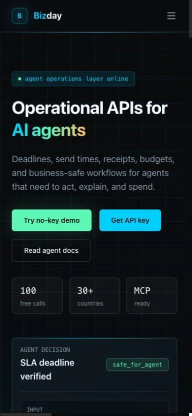 BizDay website homepage shown on mobile