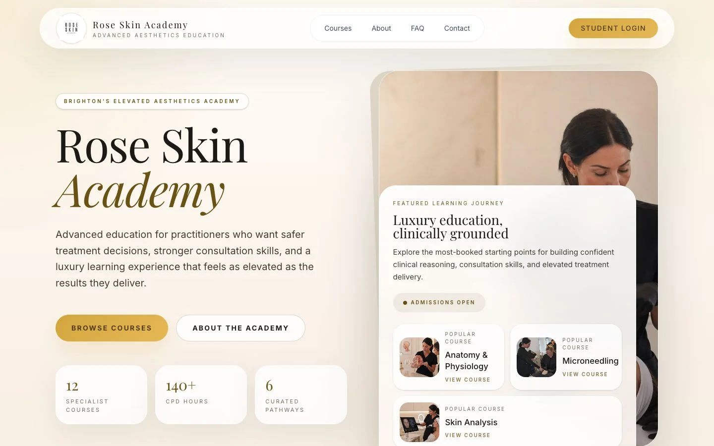 Rose Skin Academy website homepage shown on desktop