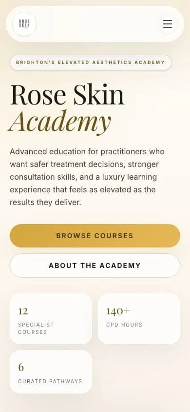 Rose Skin Academy website homepage shown on mobile