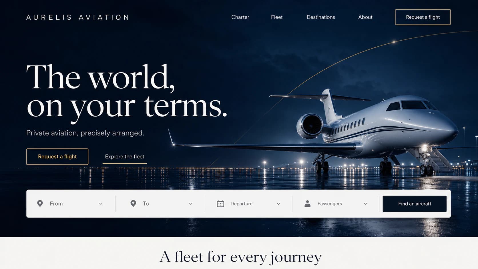 Aurelis Aviation private flight website concept at blue hour