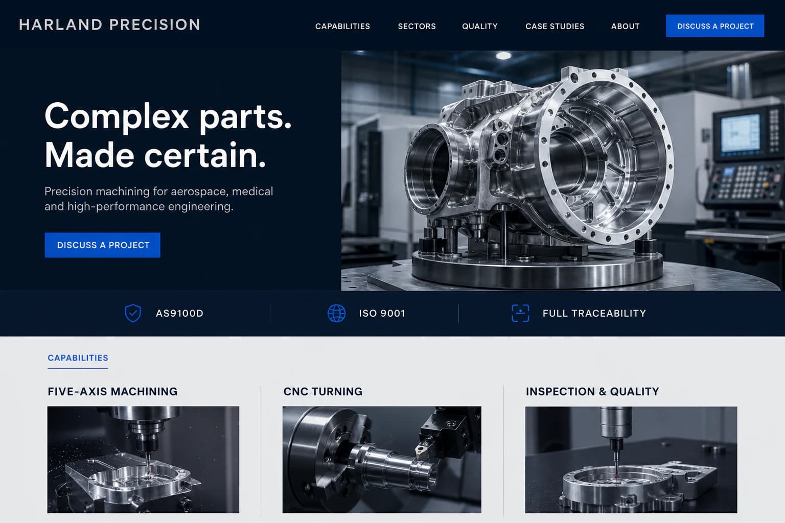 Harland Precision advanced manufacturing website concept