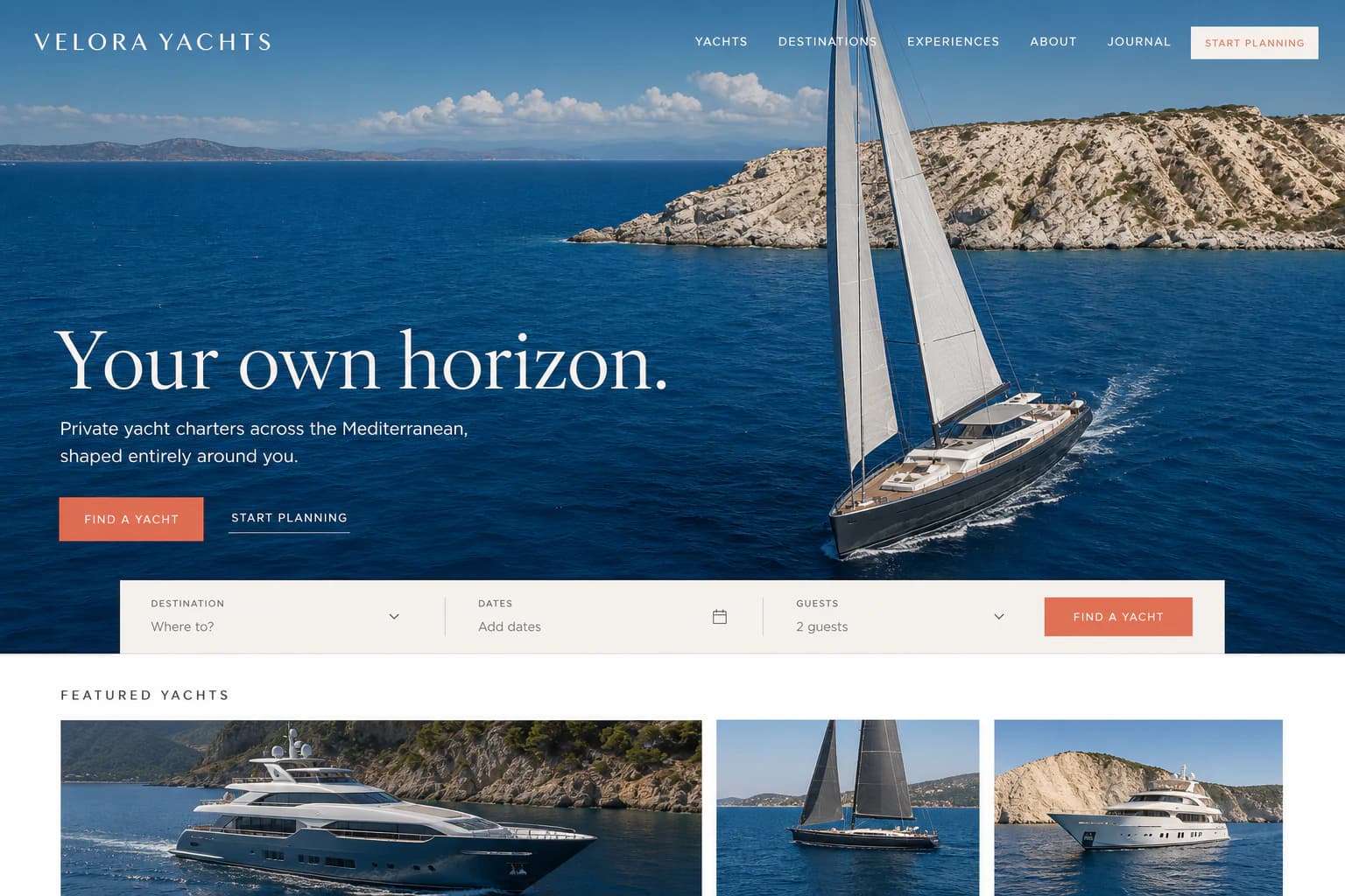 Velora Yachts Mediterranean charter website concept