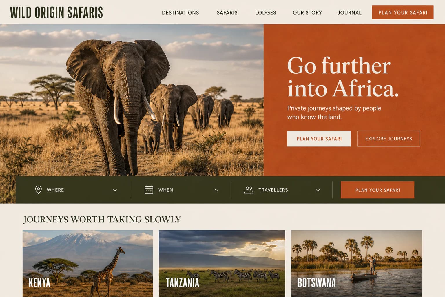 Wild Origin Safaris bespoke journey website concept