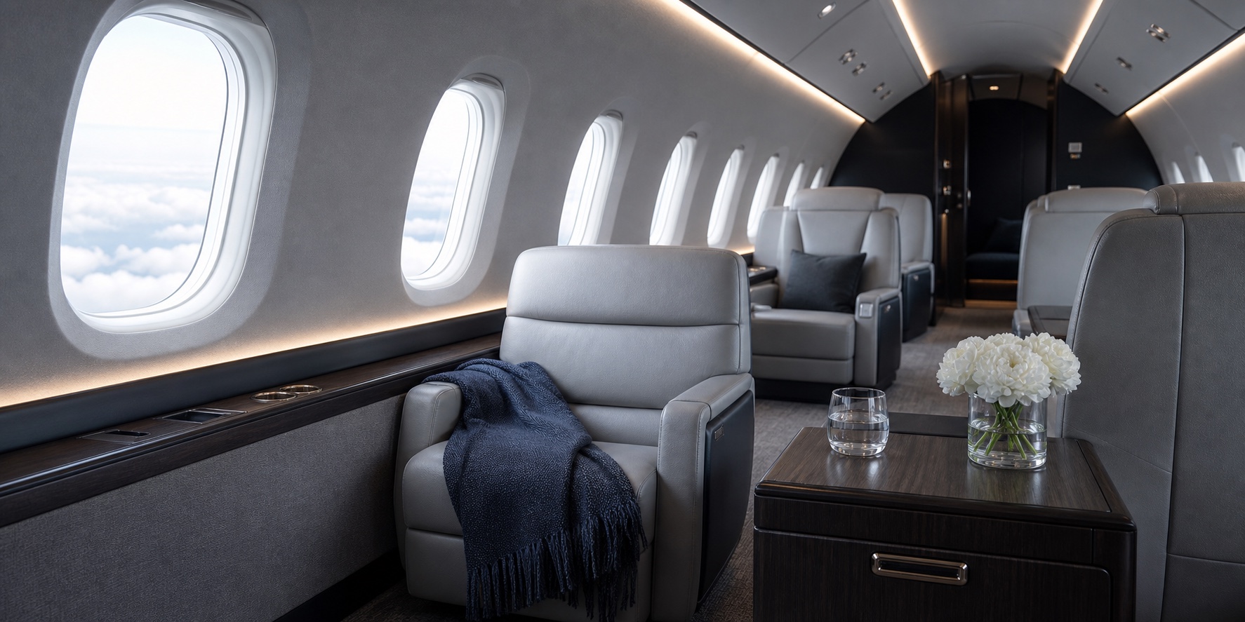 Refined private aircraft cabin prepared for its passengers