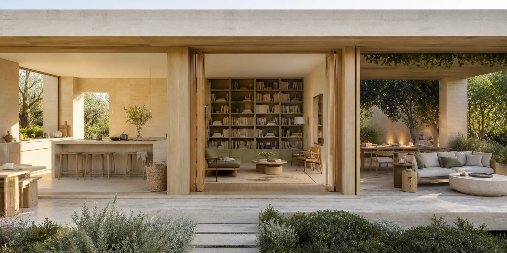 A continuous sequence from kitchen to library and garden terrace